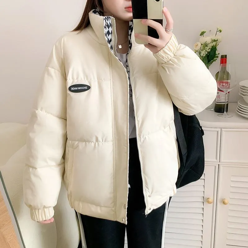 Cropped Stand-Up Collar Slash Pocket Puffer Jacket