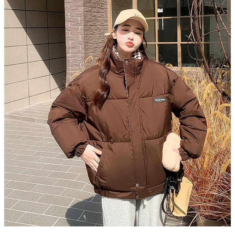 Cropped Stand-Up Collar Slash Pocket Puffer Jacket