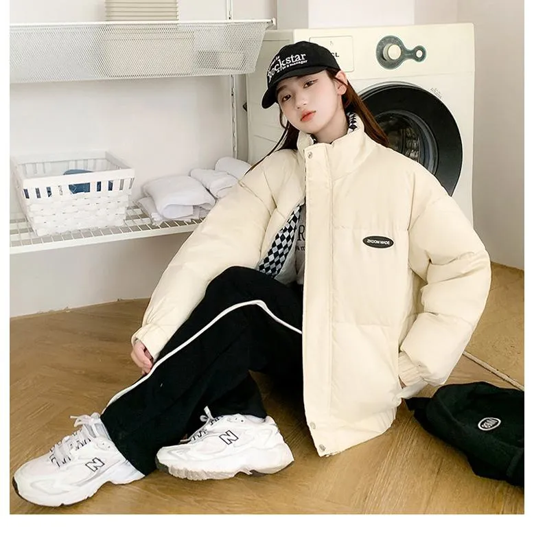 Cropped Stand-Up Collar Slash Pocket Puffer Jacket