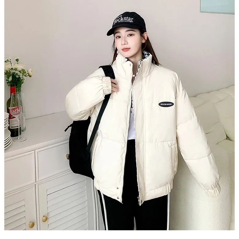 Cropped Stand-Up Collar Slash Pocket Puffer Jacket