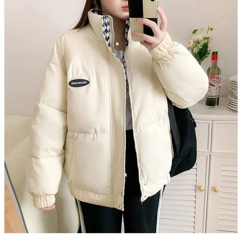 Cropped Stand-Up Collar Slash Pocket Puffer Jacket