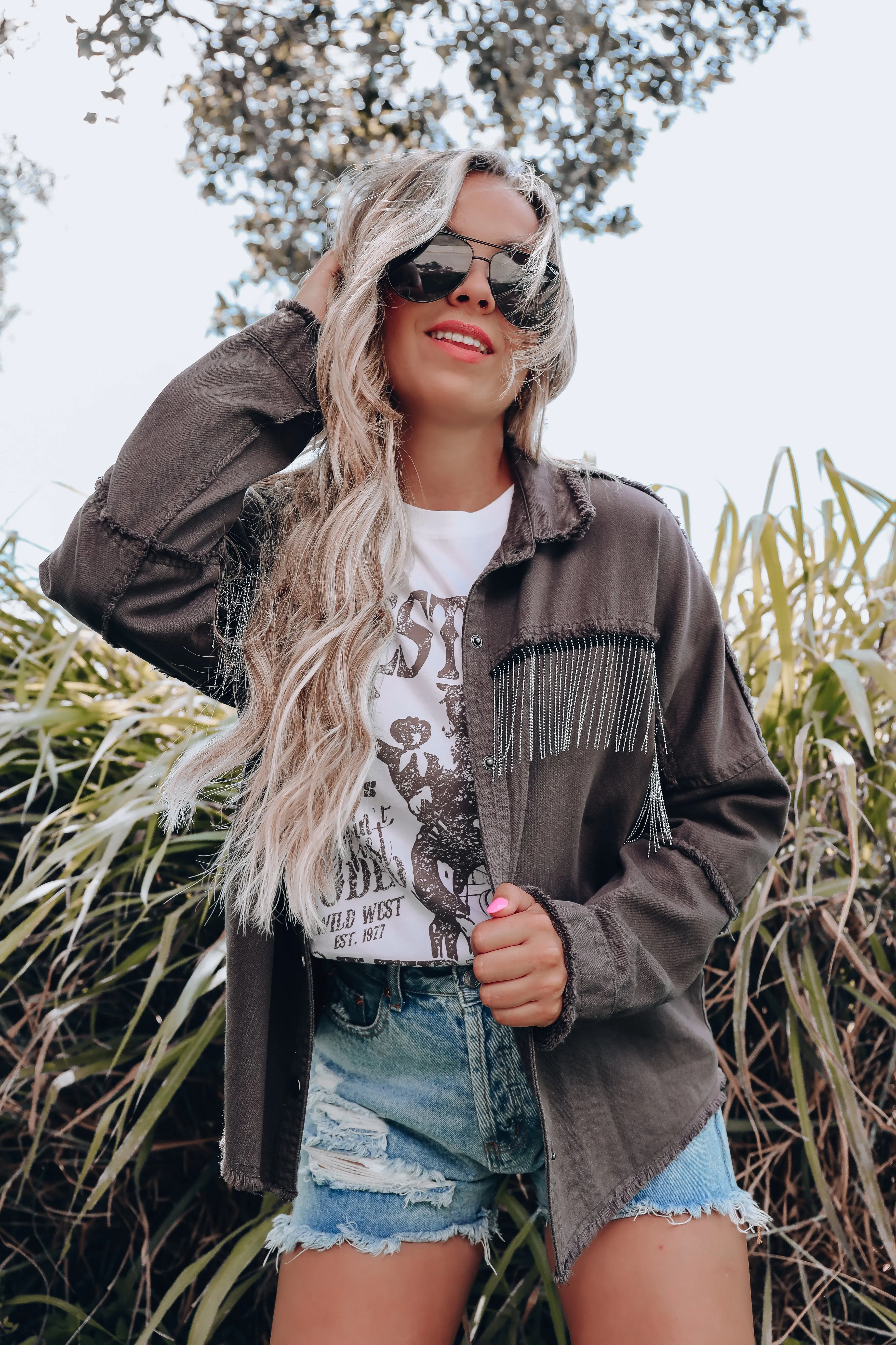 Dakota Fringe Metal Shacket - Grey