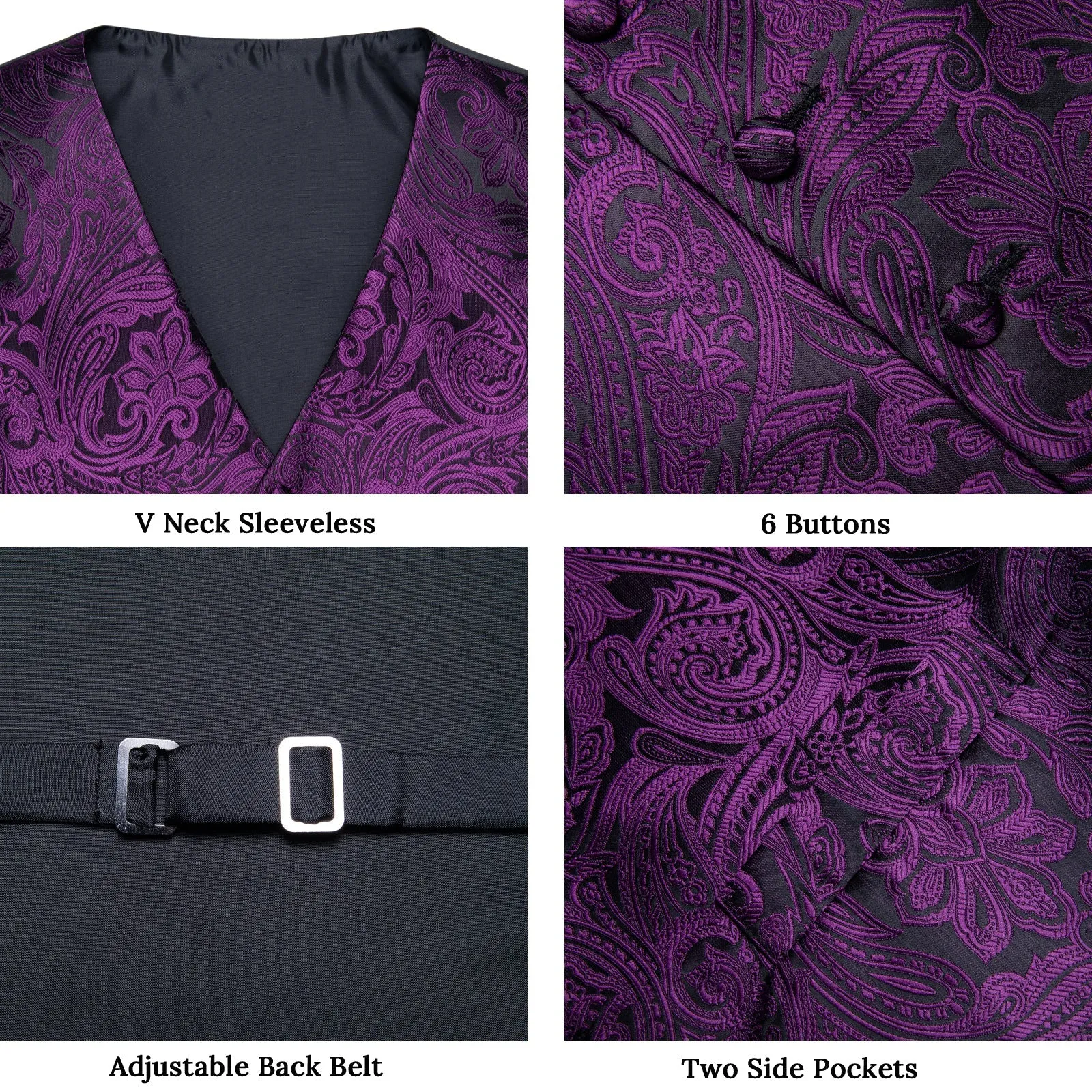 Dark Purple Paisley Men's Vest Tie Hanky Cufflinks Set Waistcoat Suit Set