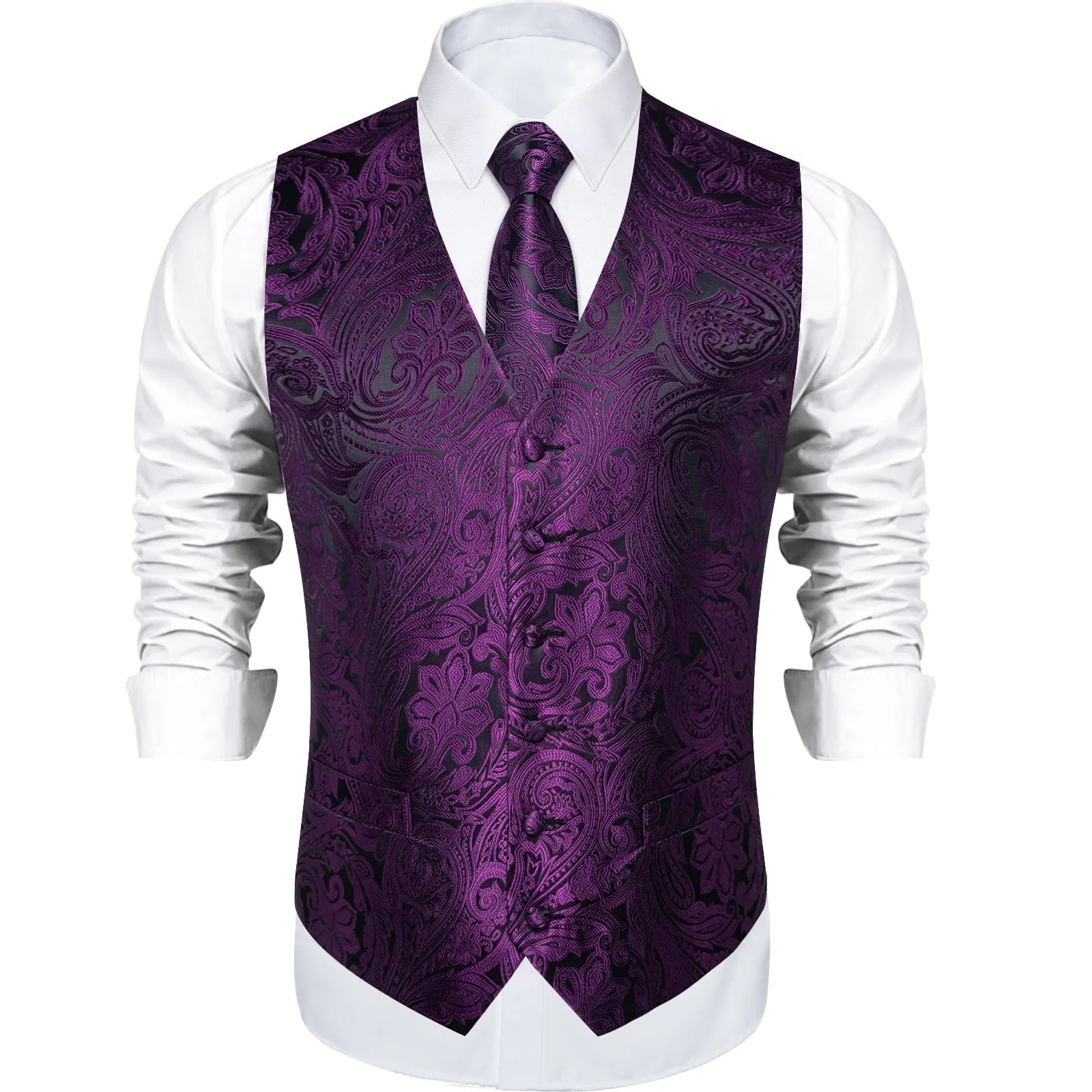 Dark Purple Paisley Men's Vest Tie Hanky Cufflinks Set Waistcoat Suit Set