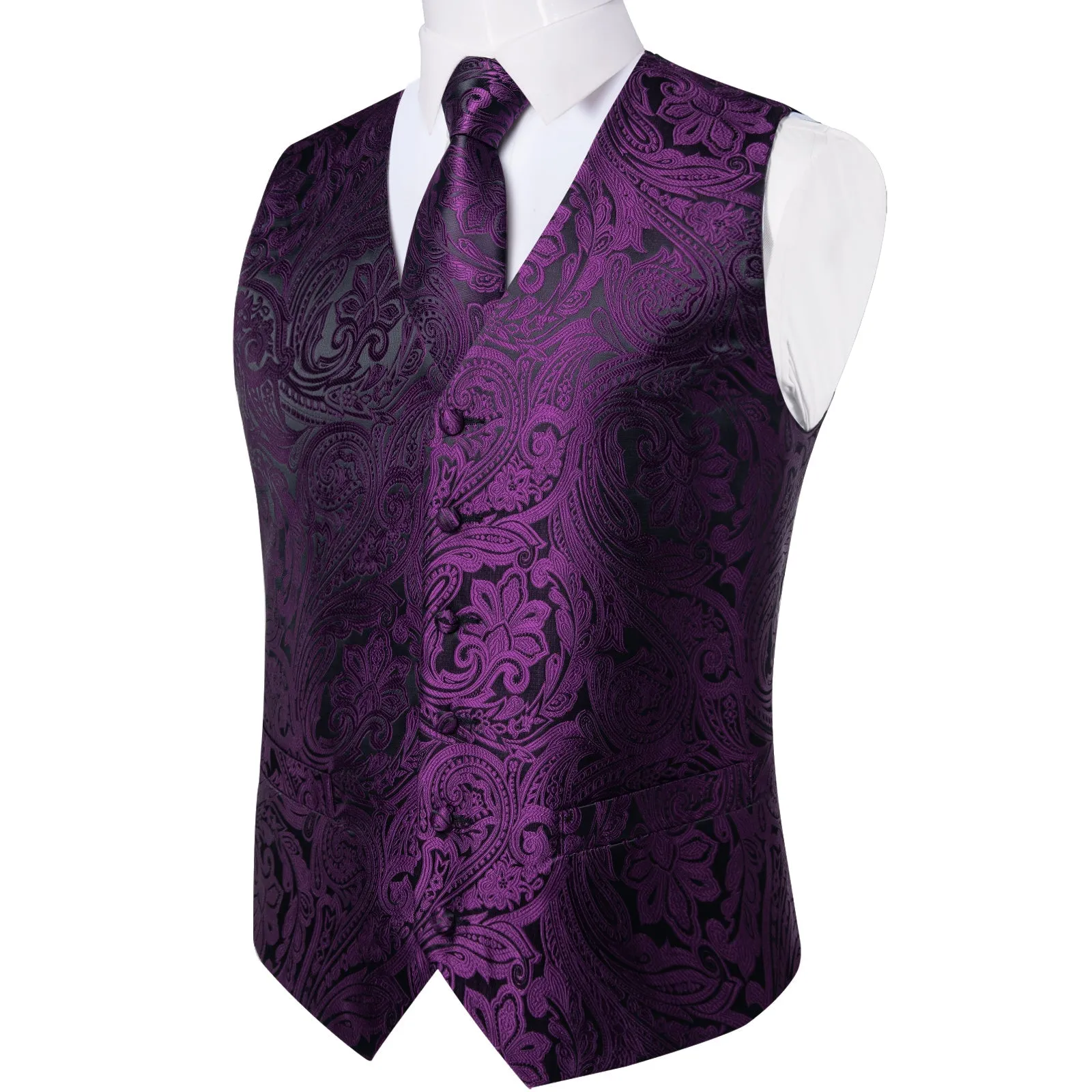 Dark Purple Paisley Men's Vest Tie Hanky Cufflinks Set Waistcoat Suit Set