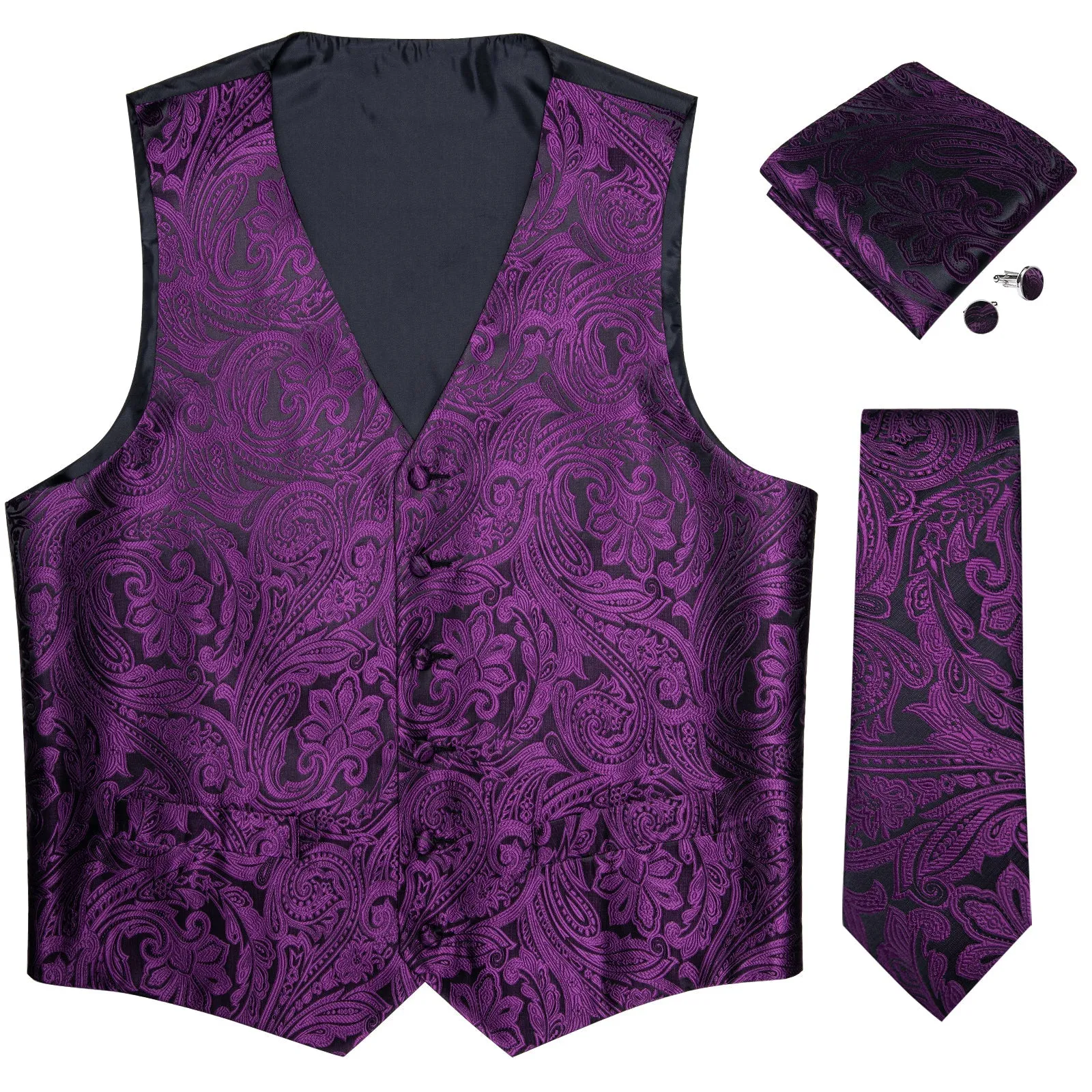 Dark Purple Paisley Men's Vest Tie Hanky Cufflinks Set Waistcoat Suit Set