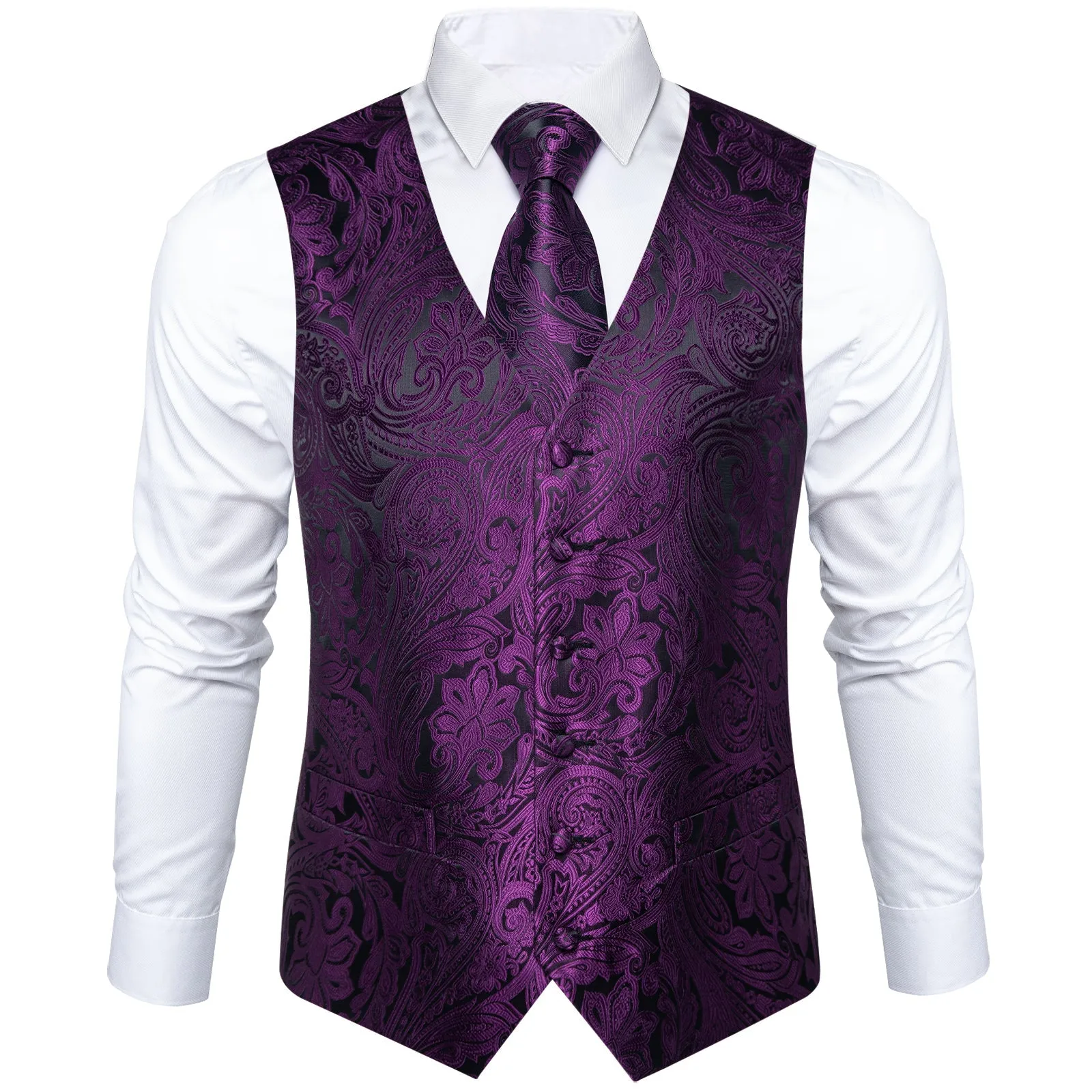 Dark Purple Paisley Men's Vest Tie Hanky Cufflinks Set Waistcoat Suit Set