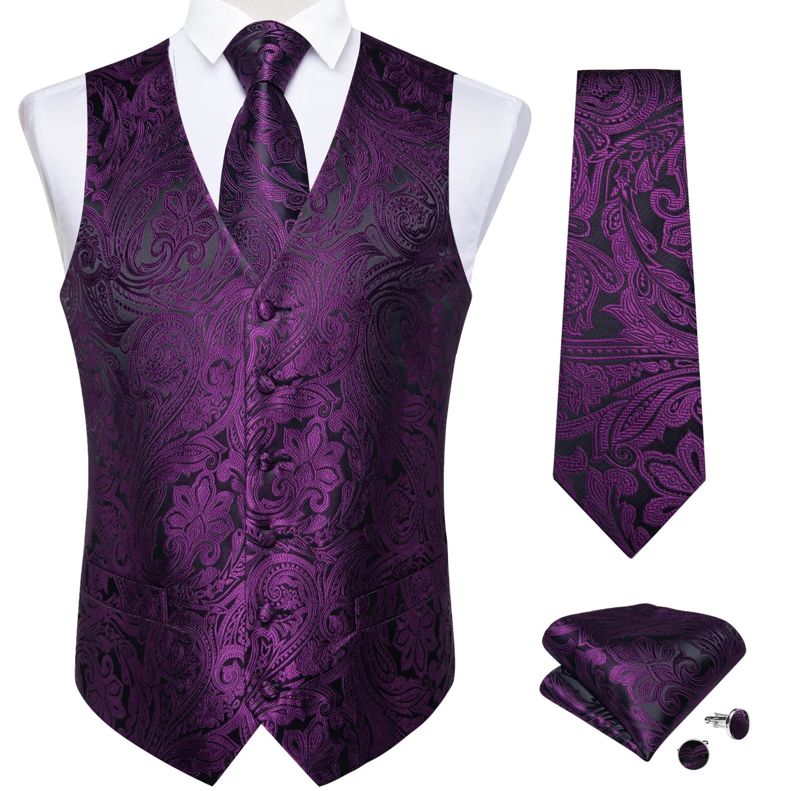 Dark Purple Paisley Men's Vest Tie Hanky Cufflinks Set Waistcoat Suit Set