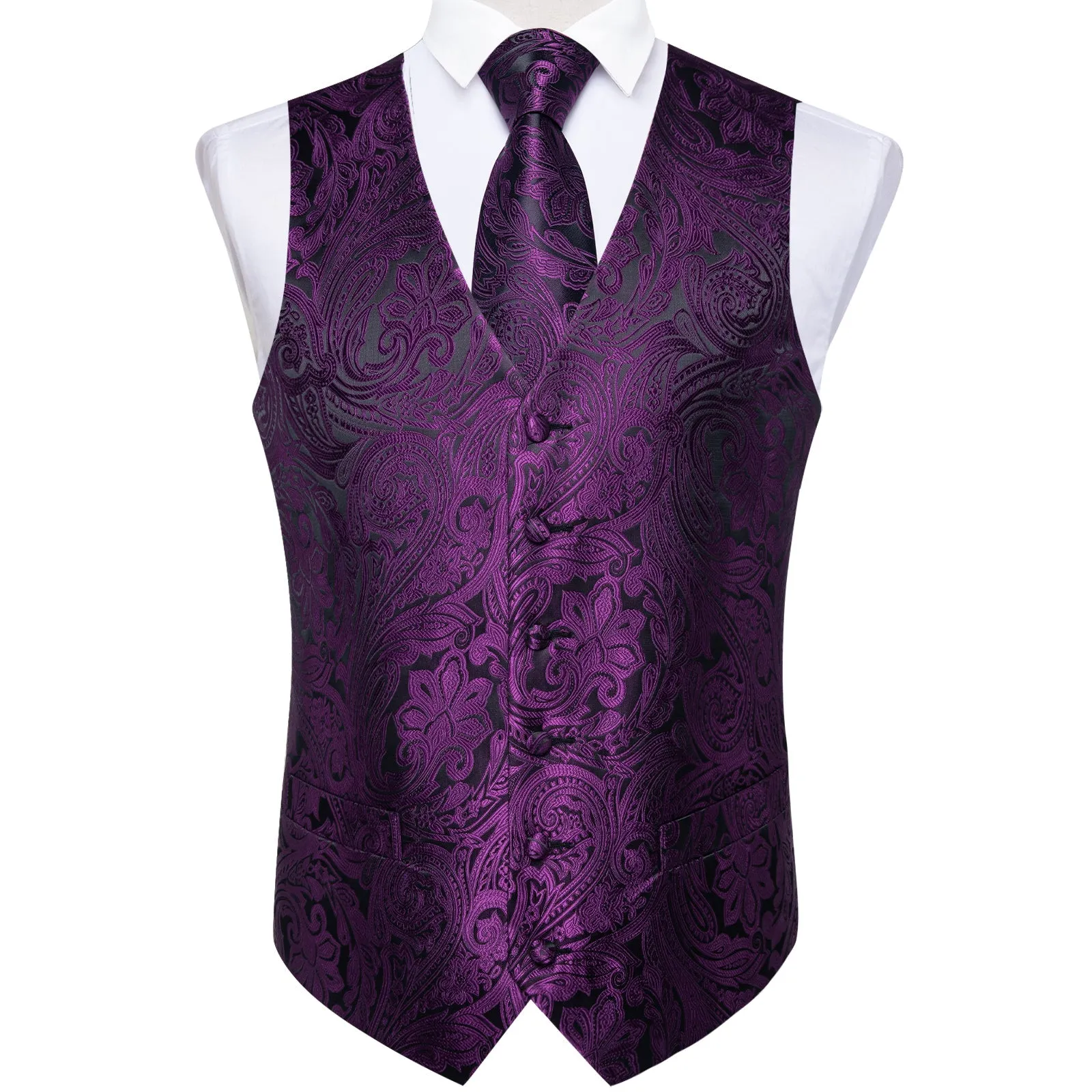 Dark Purple Paisley Men's Vest Tie Hanky Cufflinks Set Waistcoat Suit Set