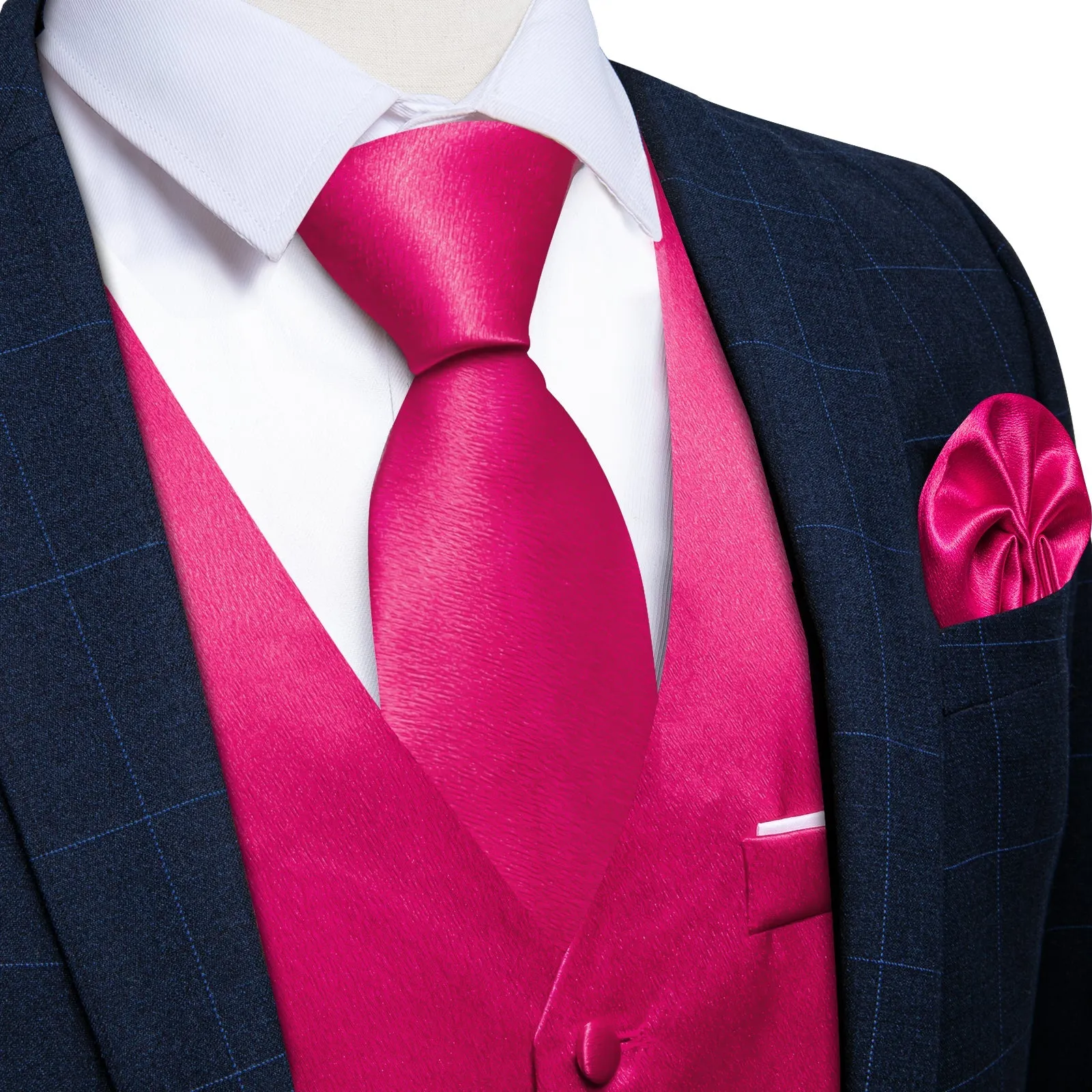 Deep Pink Solid Shining Silk Men Vest Necktie Bow Tie Handkerchief Cufflinks Set