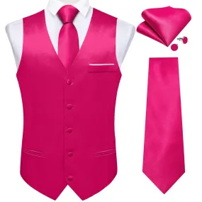 Deep Pink Solid Shining Silk Men Vest Necktie Bow Tie Handkerchief Cufflinks Set