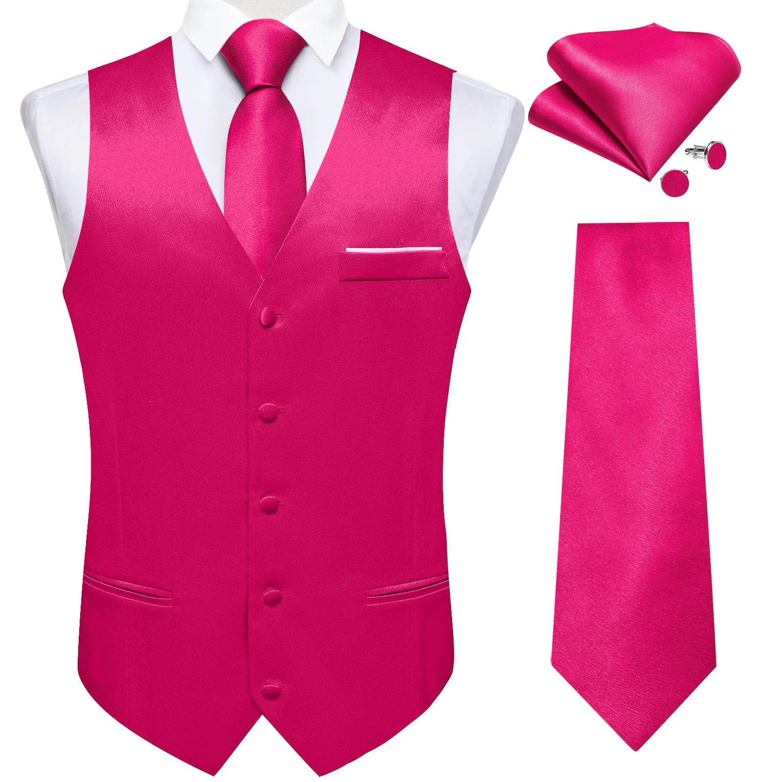 Deep Pink Solid Shining Silk Men Vest Necktie Bow Tie Handkerchief Cufflinks Set