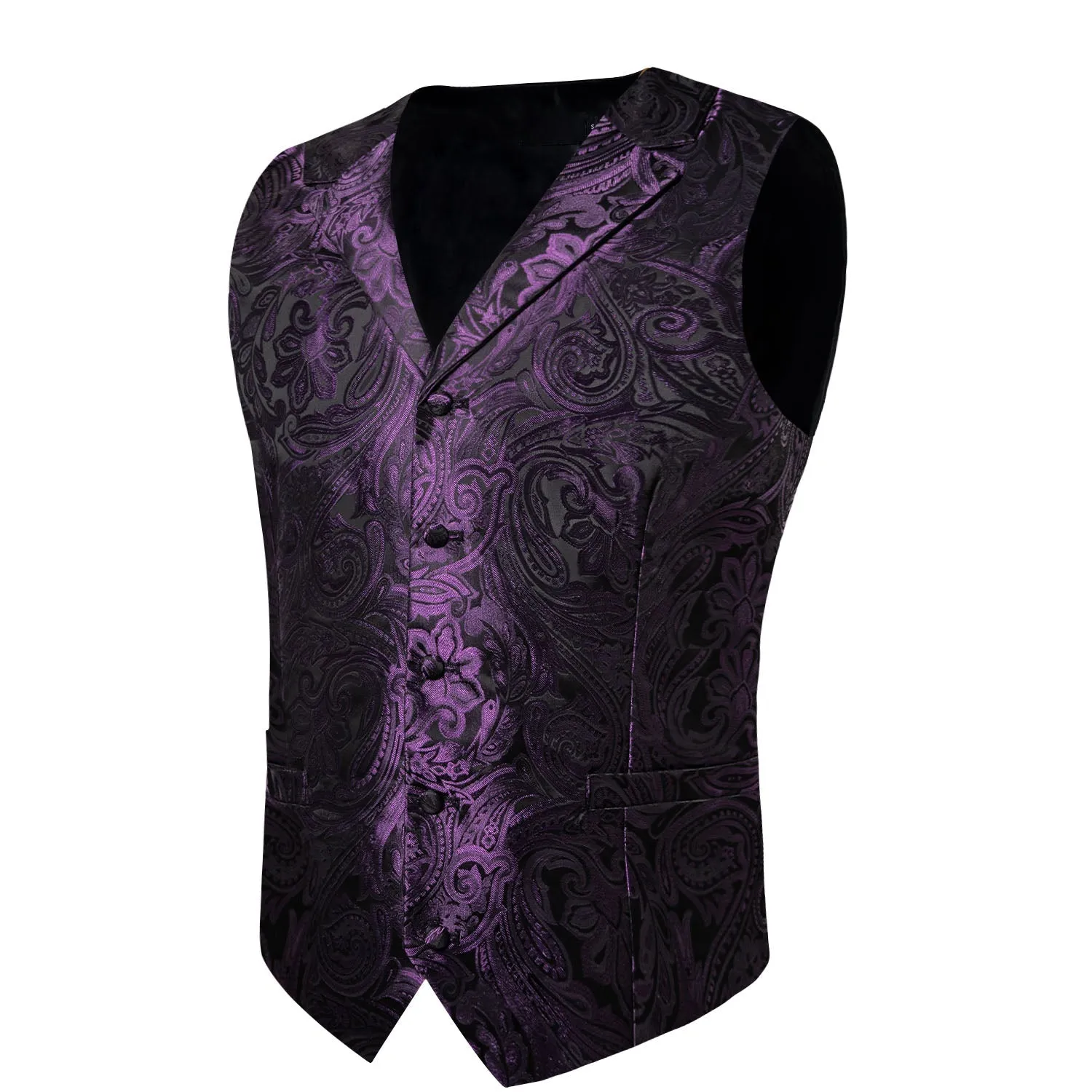 Deep Purple Paisley Men's Collar Vest Tie Hanky Cufflinks Set Waistcoat Suit Set