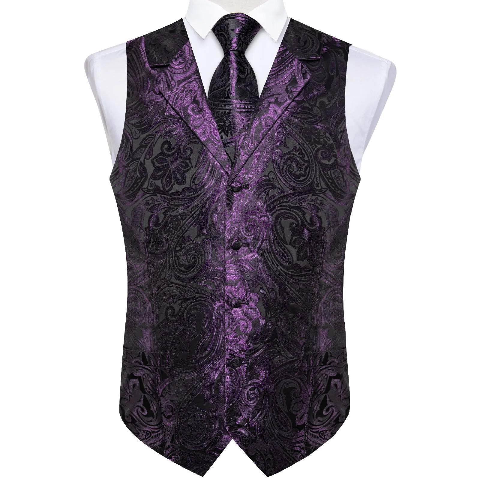 Deep Purple Paisley Men's Collar Vest Tie Hanky Cufflinks Set Waistcoat Suit Set