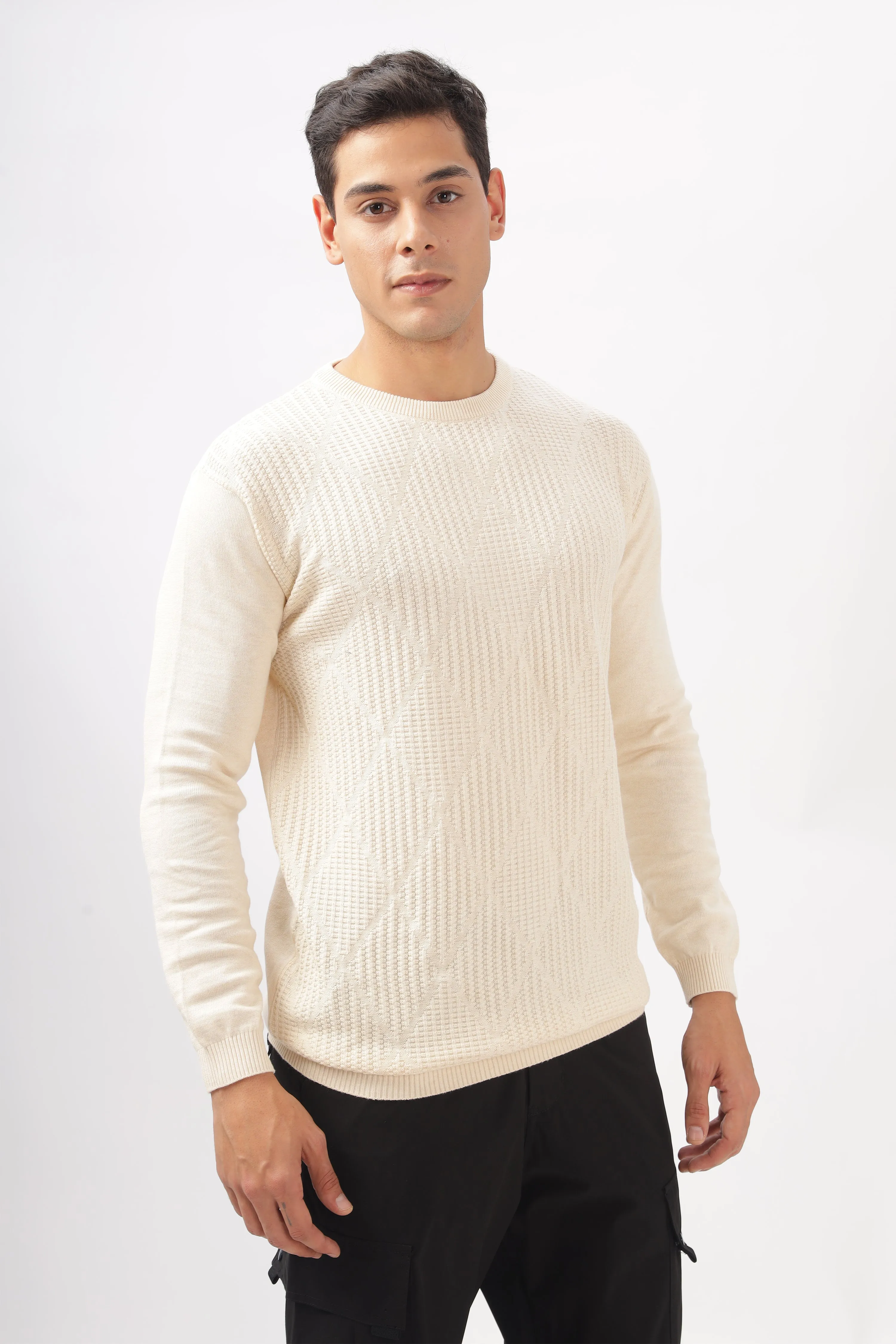 Diamond Knitted Cream Full-Sleeve T-Shirt