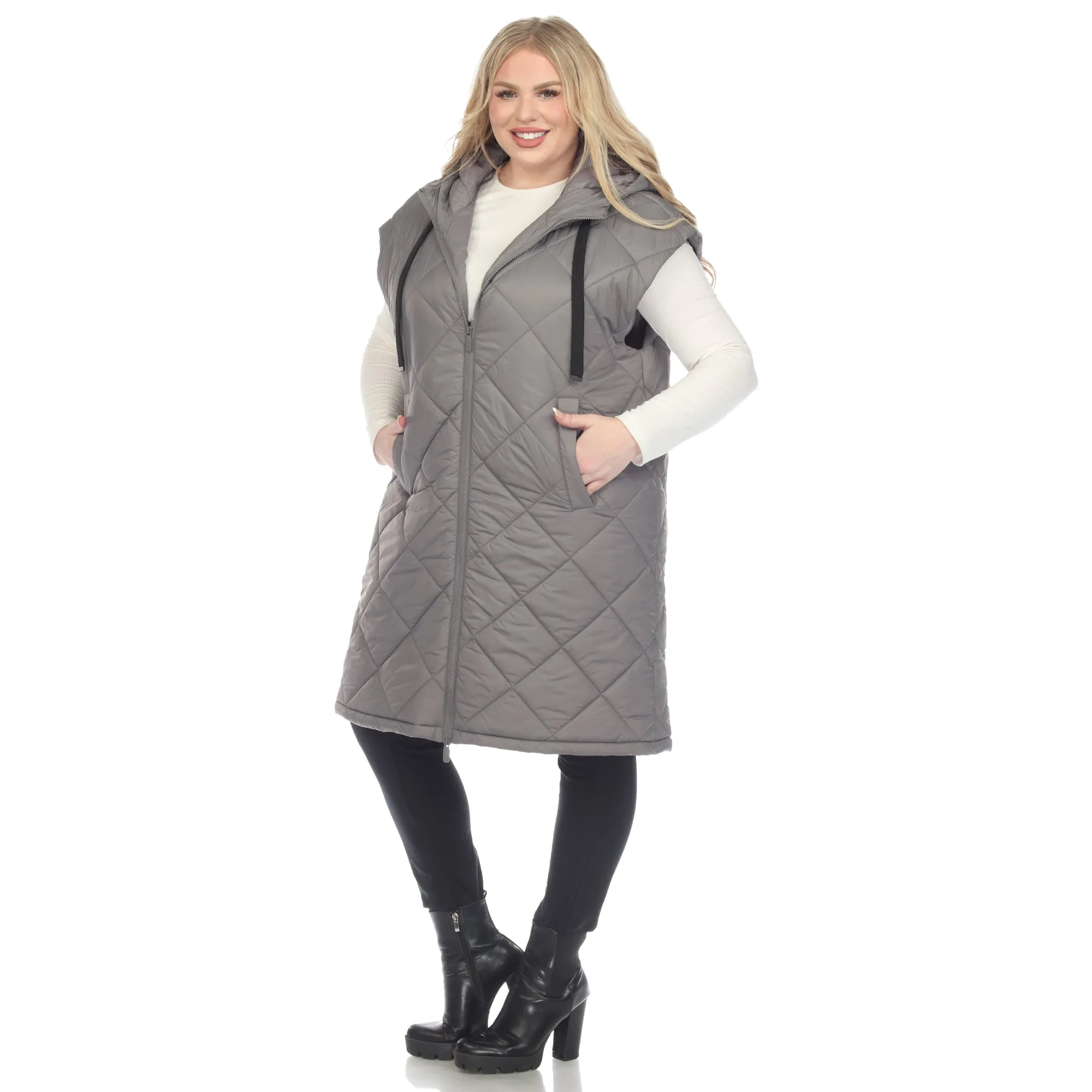 Diamond Quilted Hooded Puffer Vest - Plus