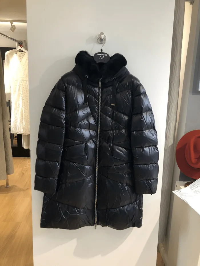 Diego M Milano Black Long  Down Jacket With Trimming 231P T931 OTM Col 999