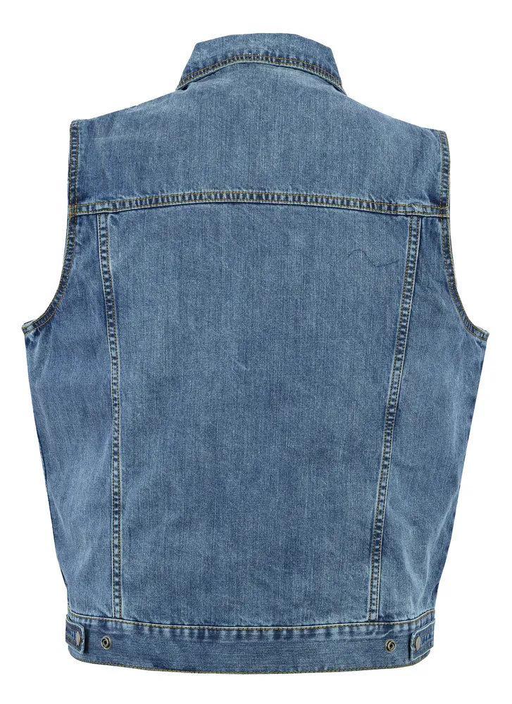 DM979BU Snap/Zipper Front Denim Vest- Blue