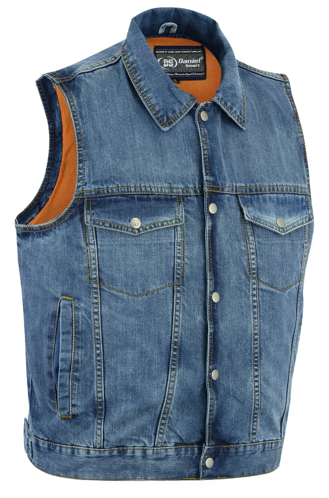 DM979BU Snap/Zipper Front Denim Vest- Blue