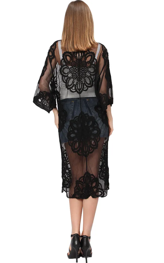 EAC9313 Lace Long Mesh Kimono