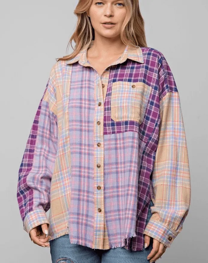 Easel Plus Size PLAID MIX N MATCH BUTTON DOWN SHIRT in Purples