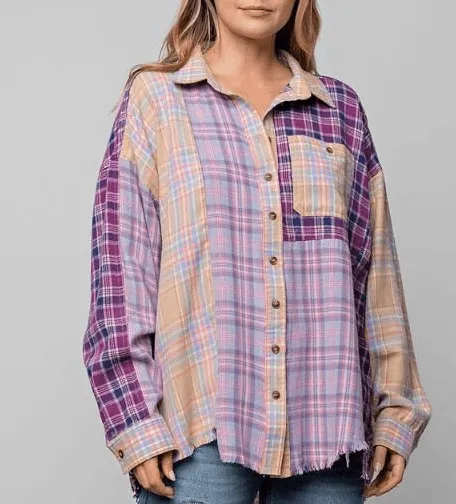 Easel Plus Size PLAID MIX N MATCH BUTTON DOWN SHIRT in Purples