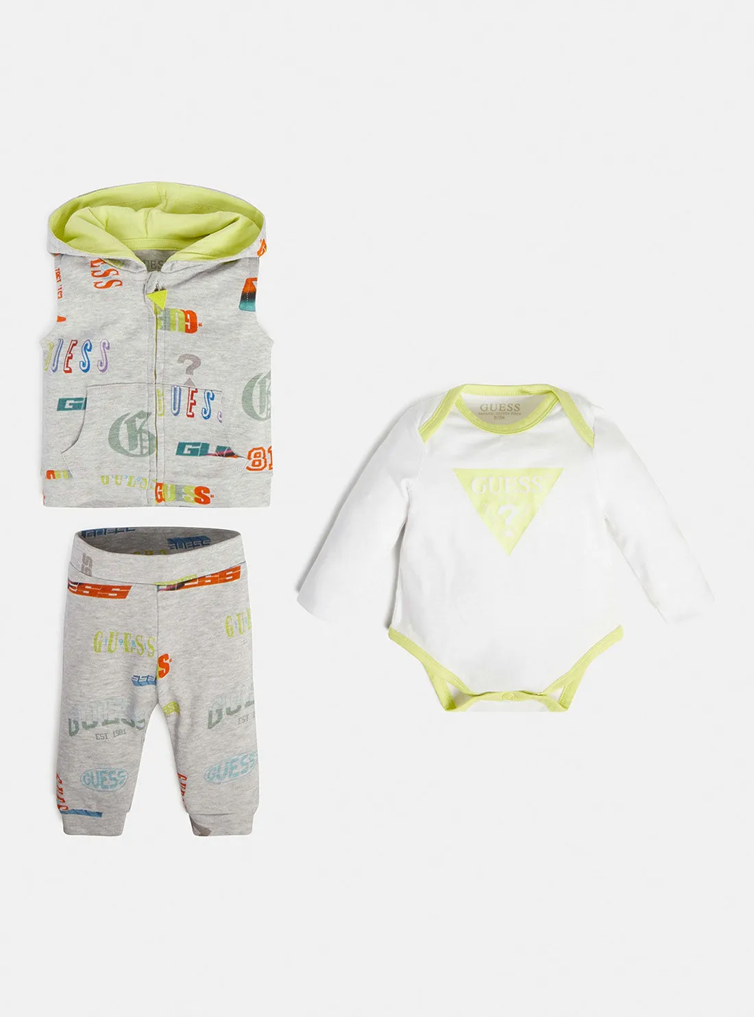 Eco Yellow Logo Hooded Vest Onesie And Pants 3-Piece Set (0-12m)