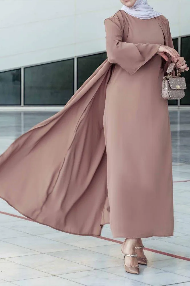 Ellaa 3 piece set with sleevless dress, apron and open front abaya in beige