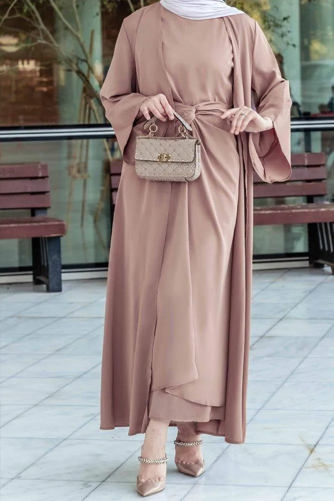 Ellaa 3 piece set with sleevless dress, apron and open front abaya in beige