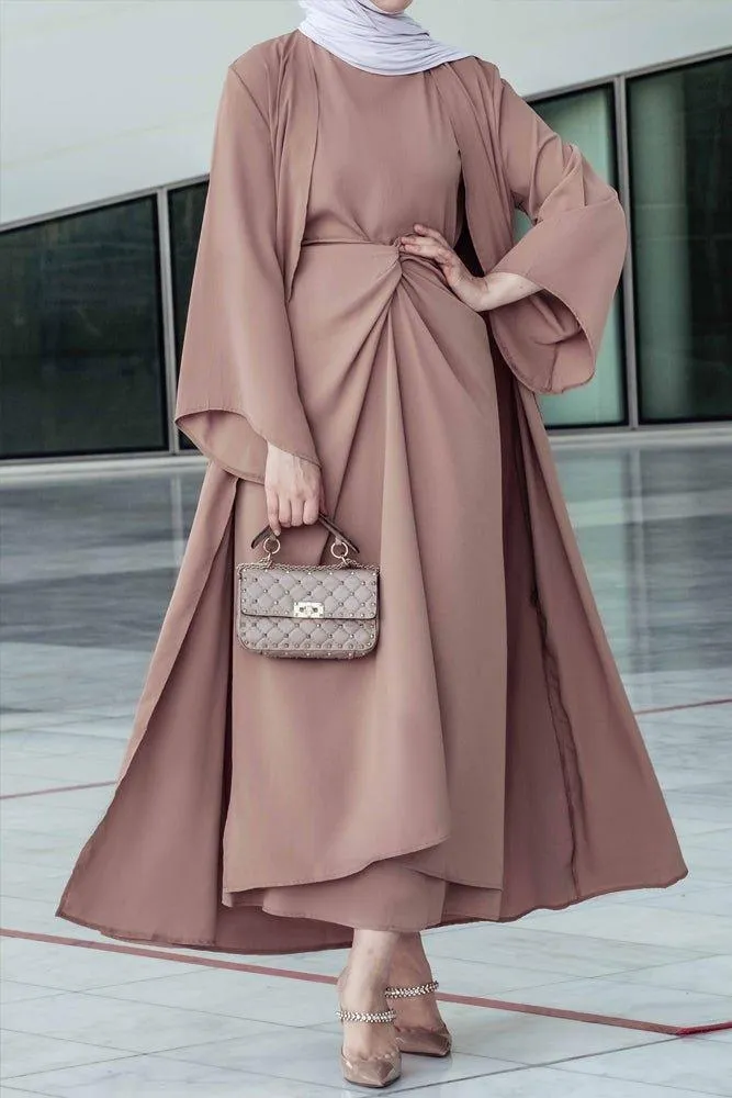 Ellaa 3 piece set with sleevless dress, apron and open front abaya in beige