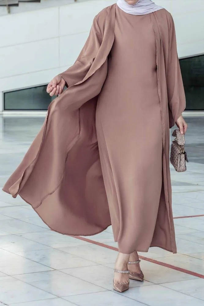 Ellaa 3 piece set with sleevless dress, apron and open front abaya in beige