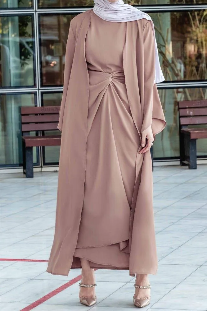 Ellaa 3 piece set with sleevless dress, apron and open front abaya in beige