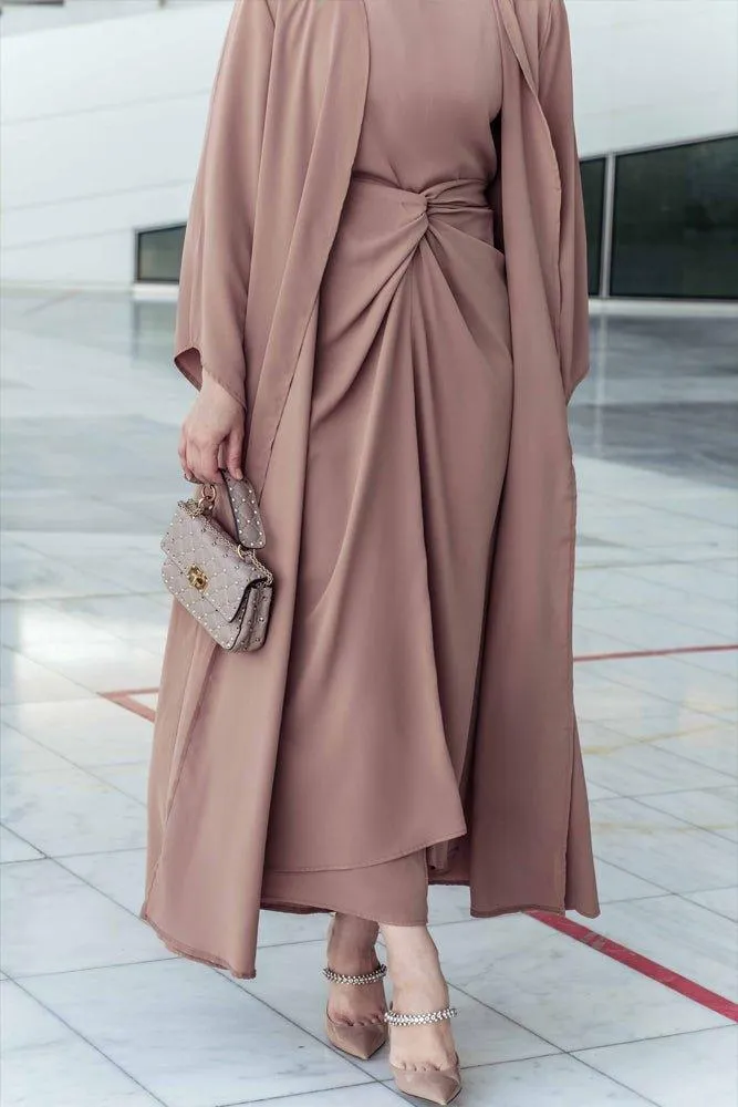 Ellaa 3 piece set with sleevless dress, apron and open front abaya in beige