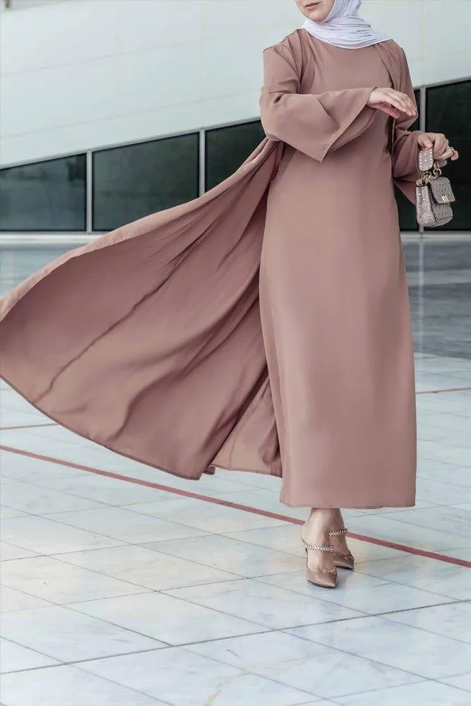 Ellaa 3 piece set with sleevless dress, apron and open front abaya in beige