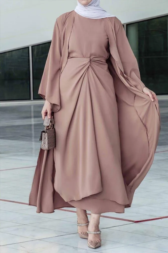 Ellaa 3 piece set with sleevless dress, apron and open front abaya in beige