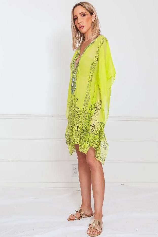 Embellished Beach Cover-Up Tunic - Lime