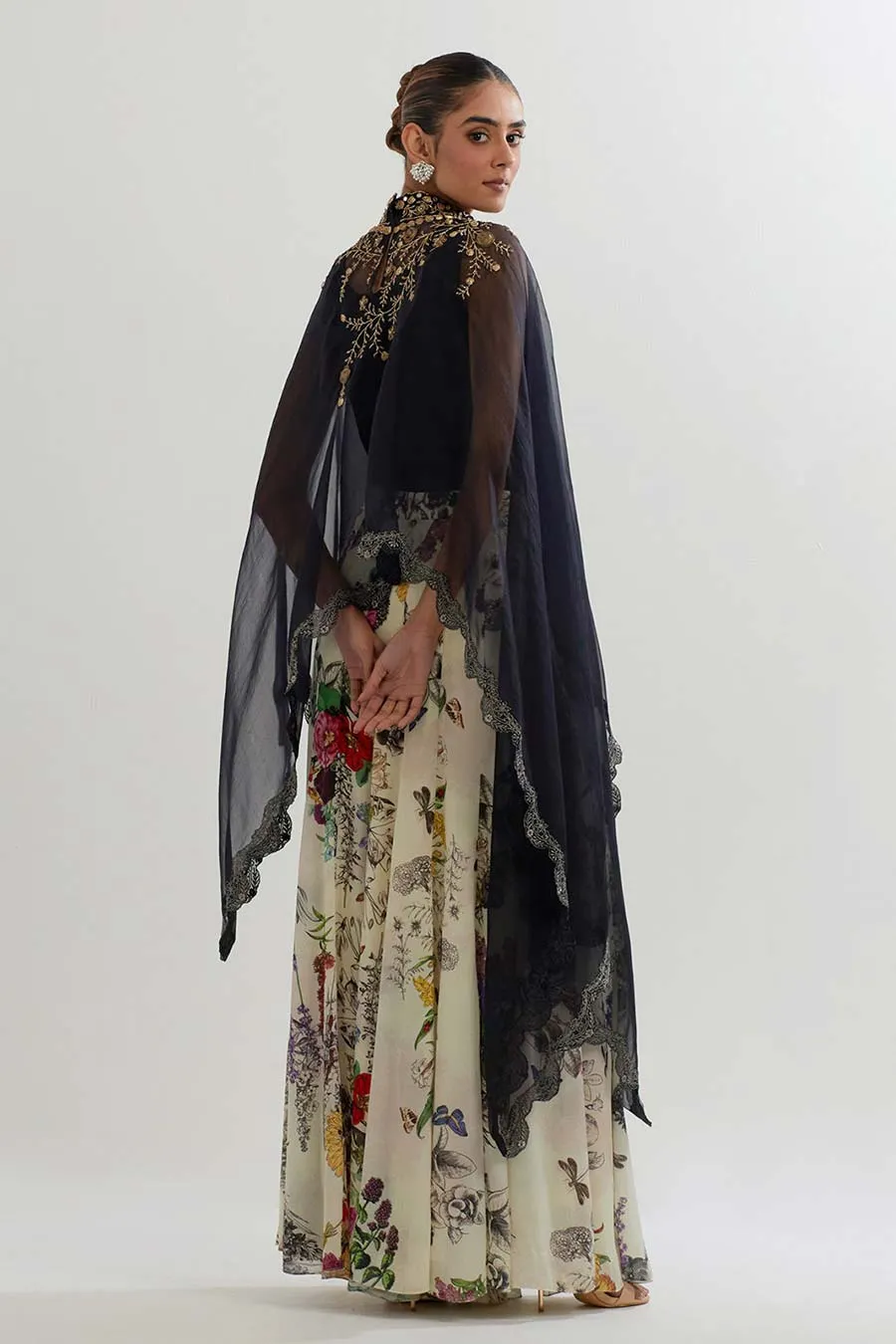 Embroidered Organza Cape & Printed Sharara Set