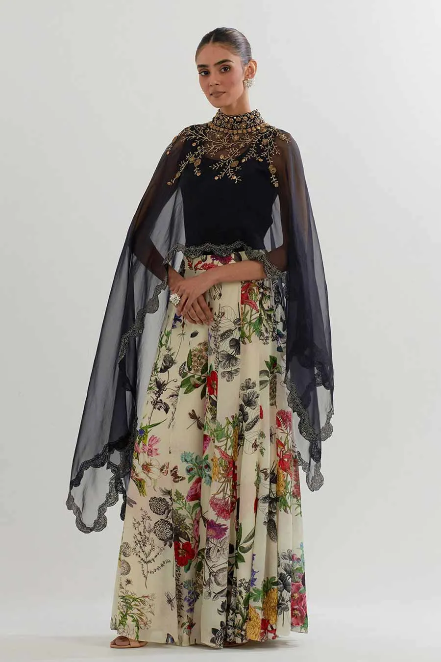 Embroidered Organza Cape & Printed Sharara Set