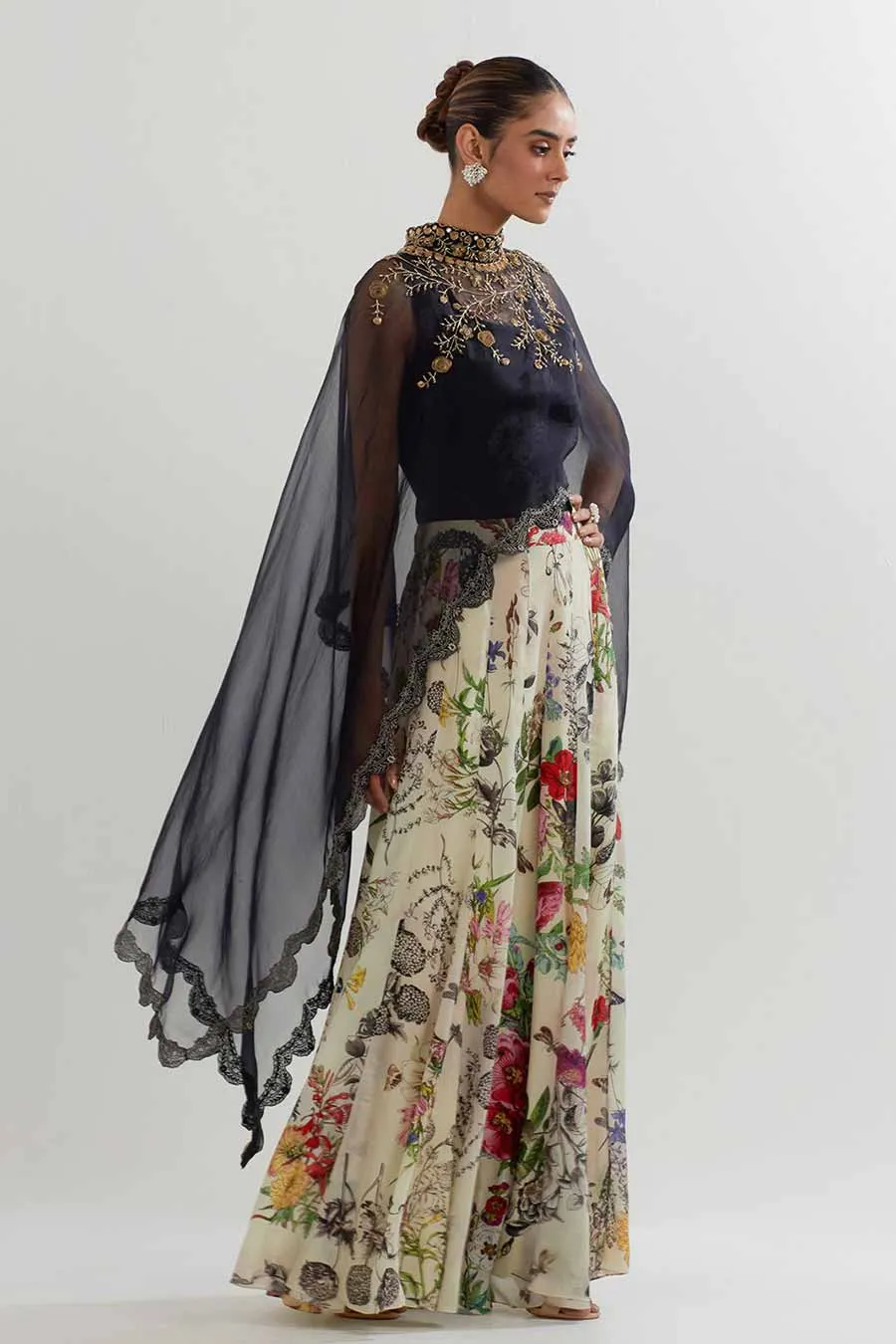 Embroidered Organza Cape & Printed Sharara Set