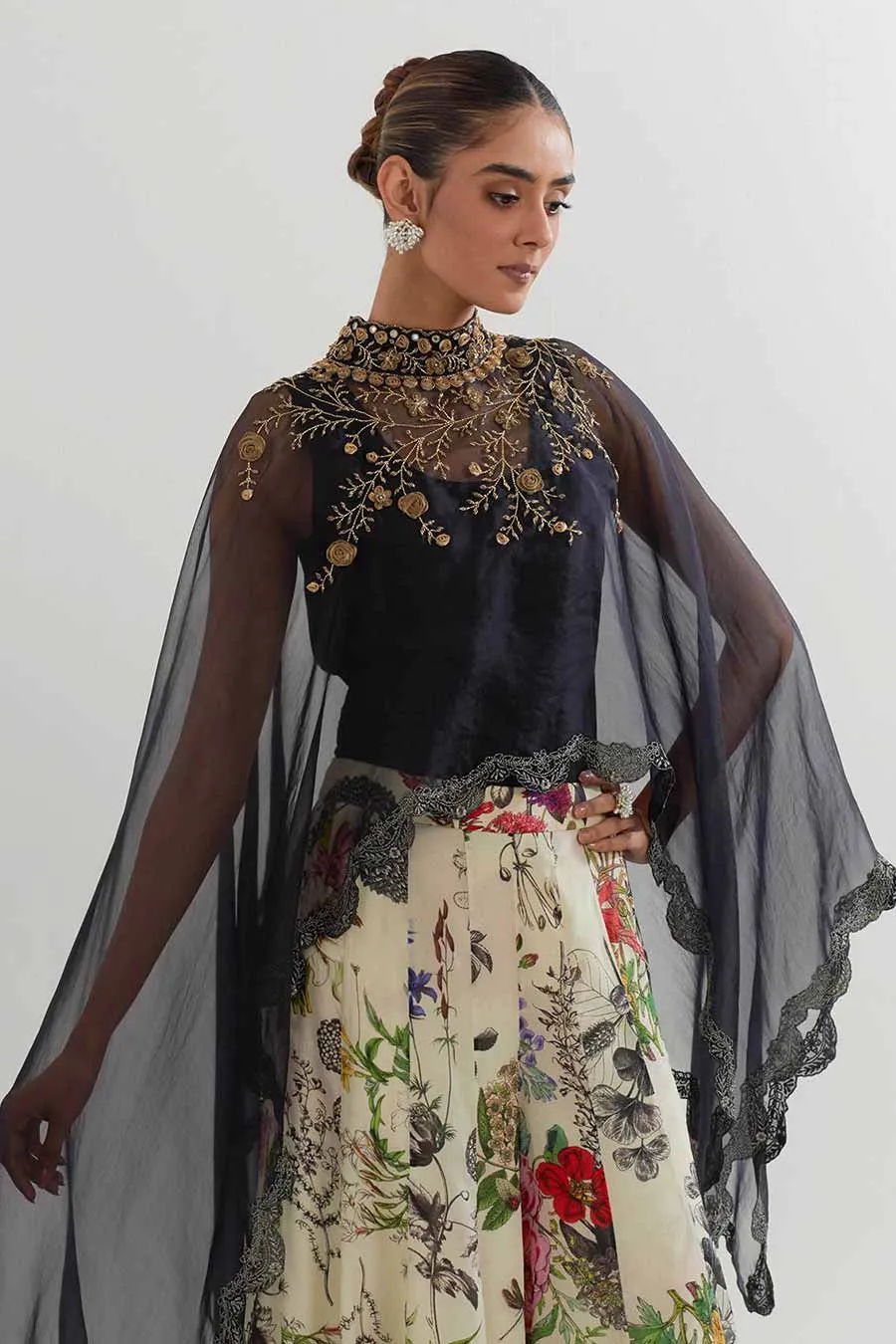 Embroidered Organza Cape & Printed Sharara Set