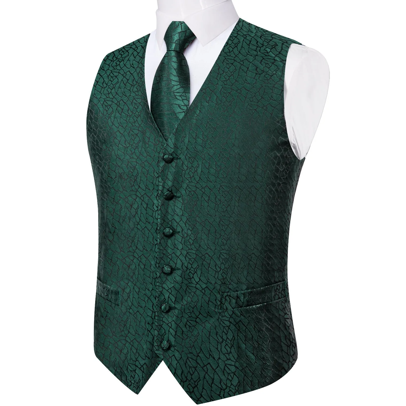 Emerald Green Irregular Plaid Silk Men's Vest Hanky Cufflinks Tie Set