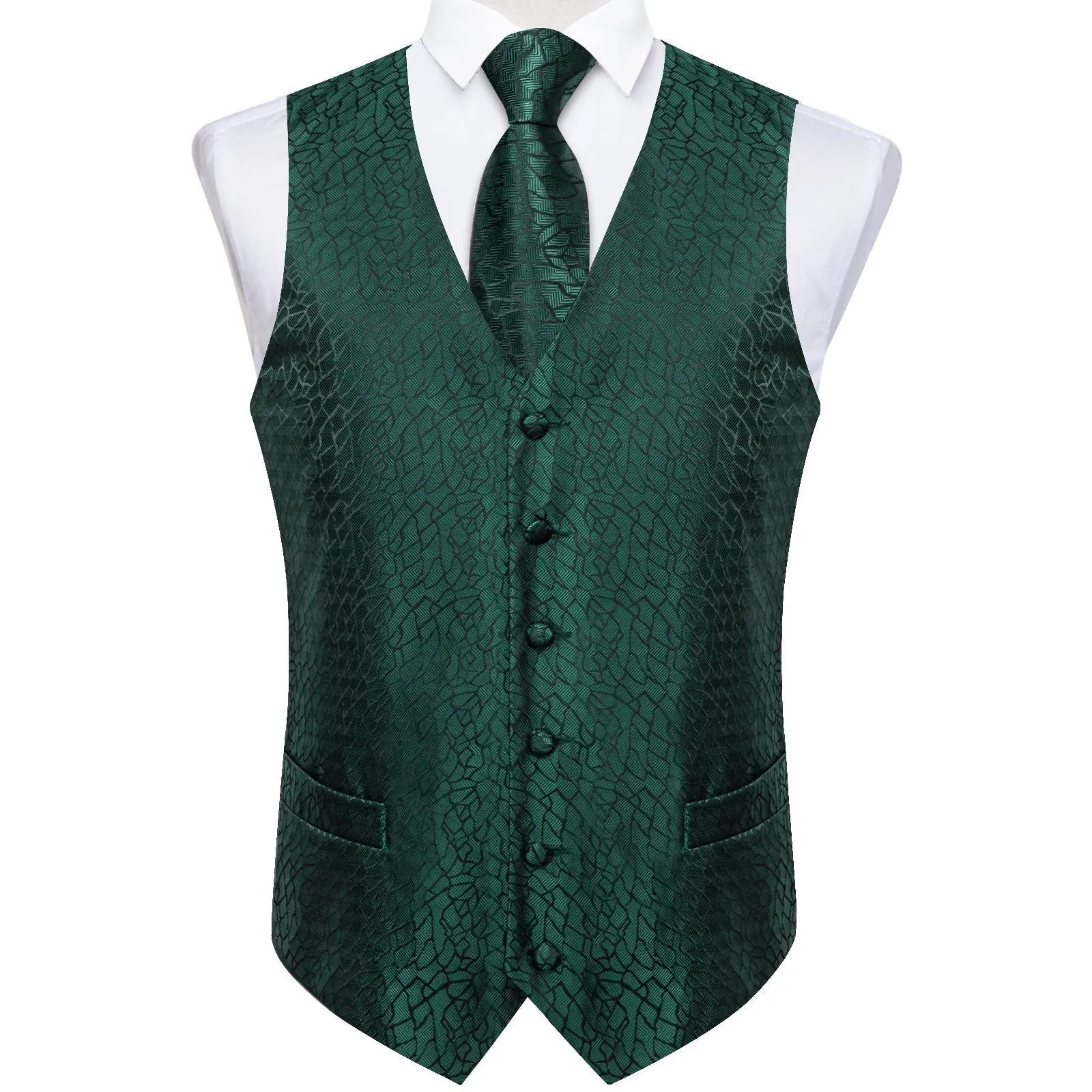 Emerald Green Irregular Plaid Silk Men's Vest Hanky Cufflinks Tie Set