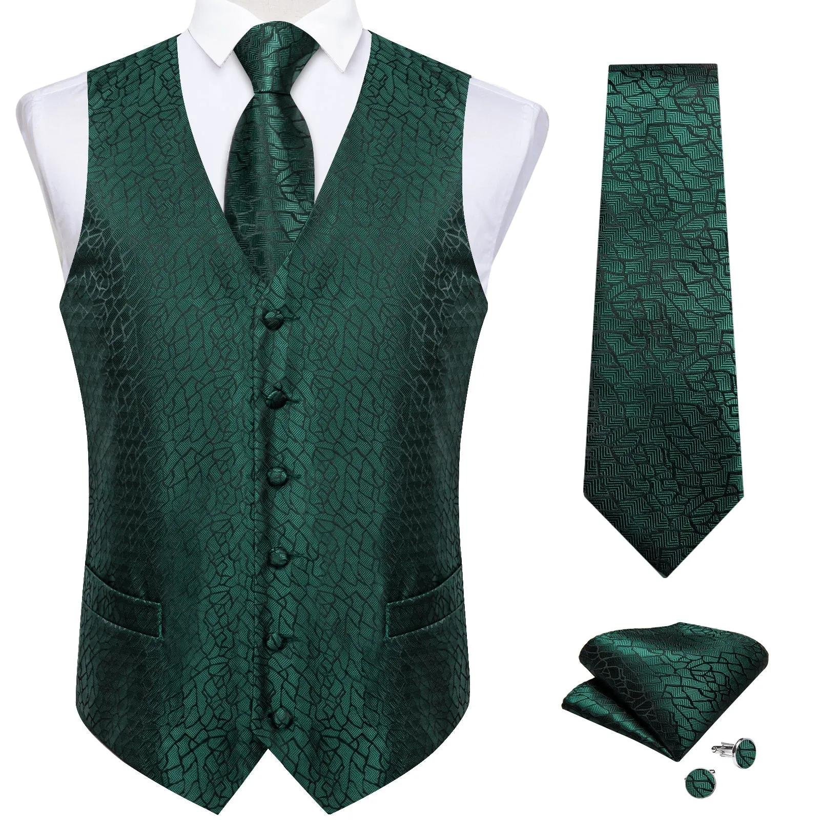 Emerald Green Irregular Plaid Silk Men's Vest Hanky Cufflinks Tie Set