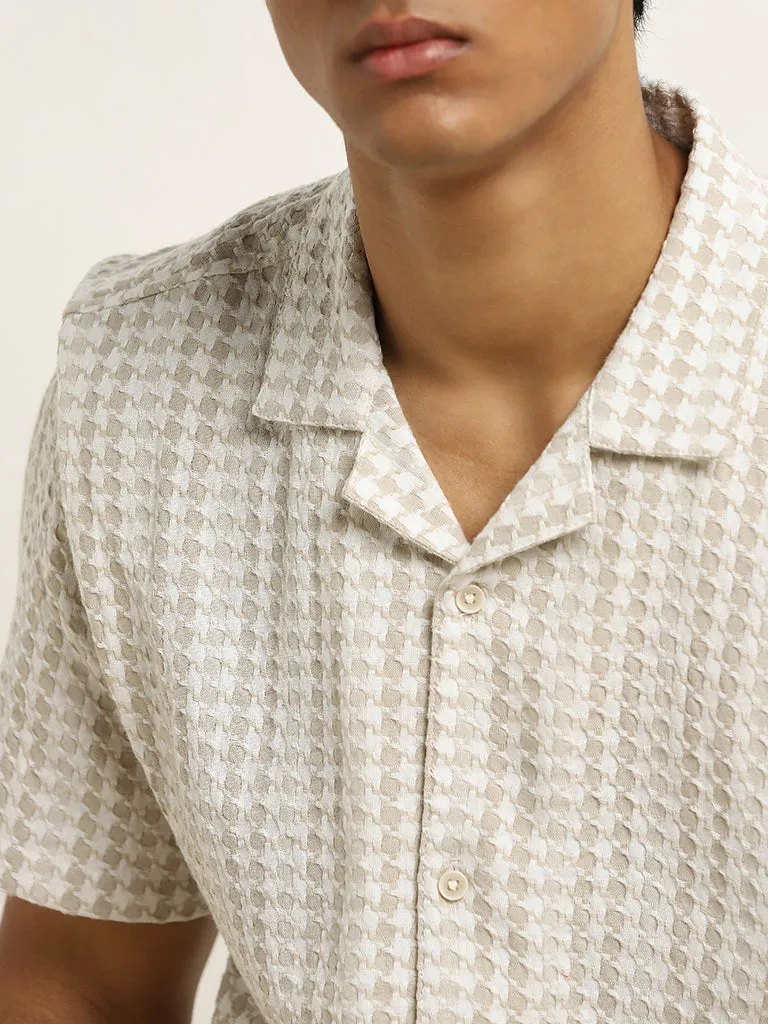 ETA Beige Houndstooth Design Relaxed-Fit Cotton Shirt