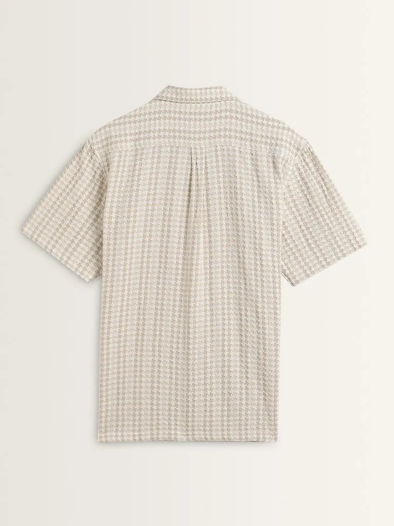 ETA Beige Houndstooth Design Relaxed-Fit Cotton Shirt