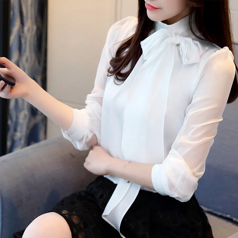 Fashionkova  2022 New Summer Fashion Tunic Women Blouse Shirts Long Sleeve Tie Bow Chiffon Turtleneck Formal Women White Black Shirts 0599 30