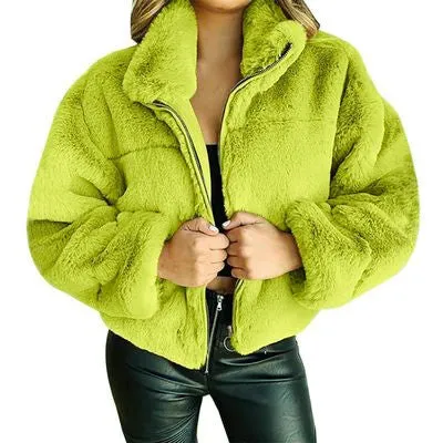 Fashionkova tie outfit Women's Autumn and Winter Rabbit Fur Faux Fur Zipper Cardigan Plush Warm Coat