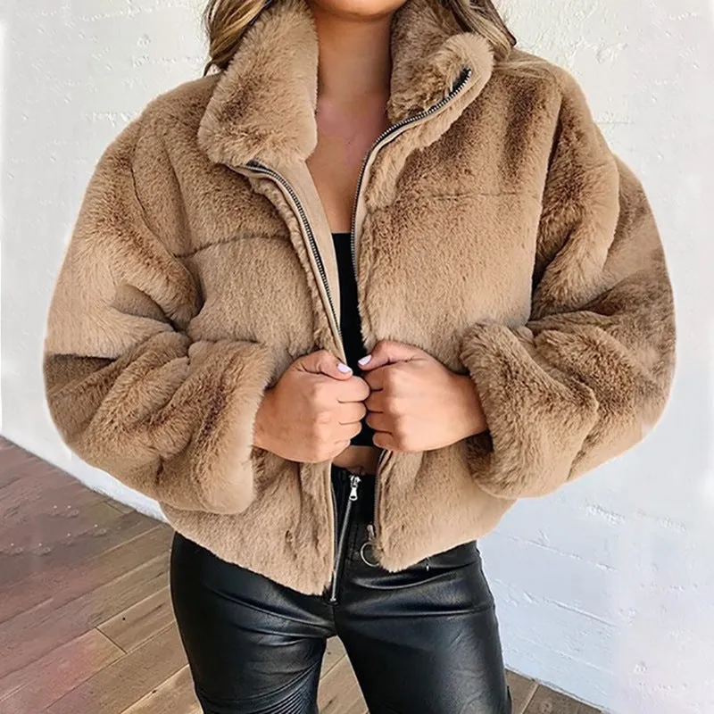 Fashionkova tie outfit Women's Autumn and Winter Rabbit Fur Faux Fur Zipper Cardigan Plush Warm Coat