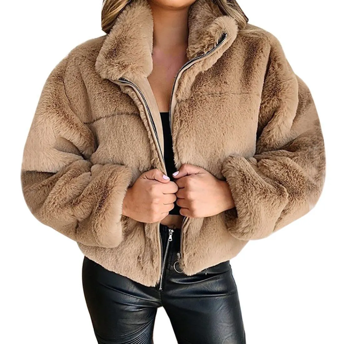 Fashionkova tie outfit Women's Autumn and Winter Rabbit Fur Faux Fur Zipper Cardigan Plush Warm Coat