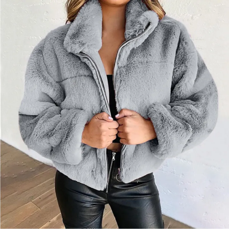 Fashionkova tie outfit Women's Autumn and Winter Rabbit Fur Faux Fur Zipper Cardigan Plush Warm Coat